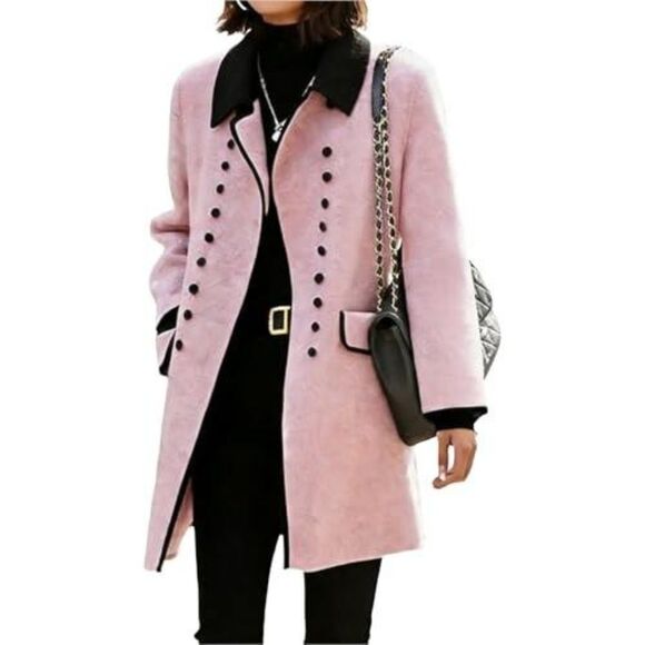Beyincute Jackets & Blazers - Double-Breasted Pink Coat with Black Trim Size Medium
